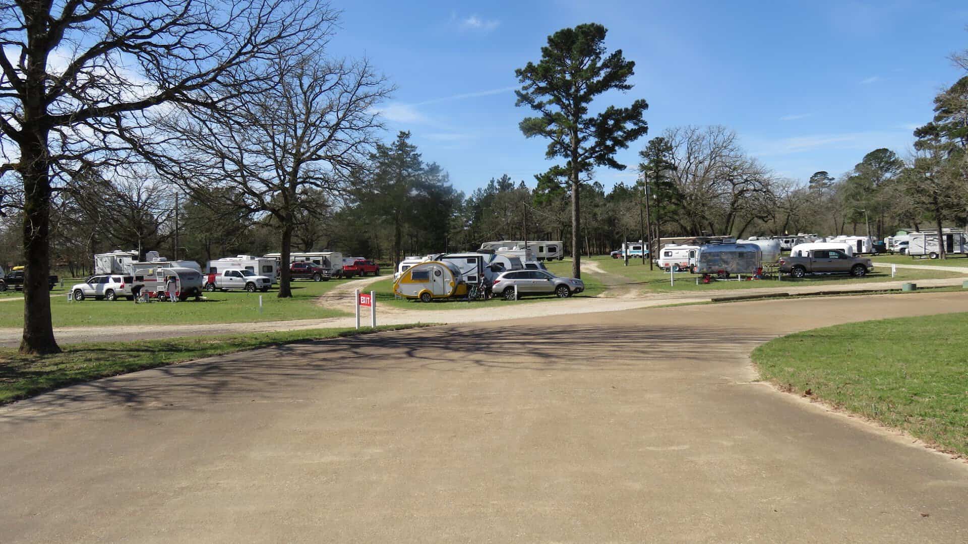 A gravel road winding through the wooded campground at Camp Tonkawa Springs