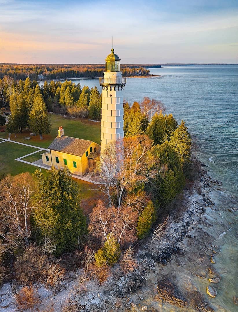 Aerial view of Cana Island Lighthouse on Lake Michigan near Fish Creek, Wisconsin