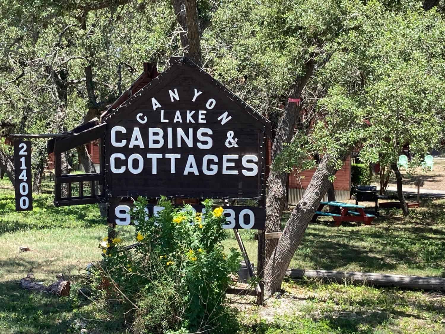 Canyon Lake Cabins and Cottages sign in the Hill Country
