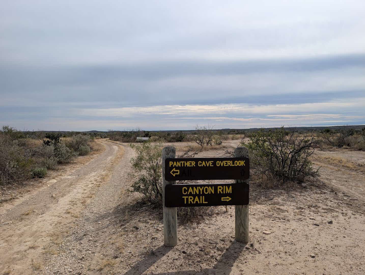 Canyon Rim Trail and Panther Cave Overlook trail sign at Seminole Canyon