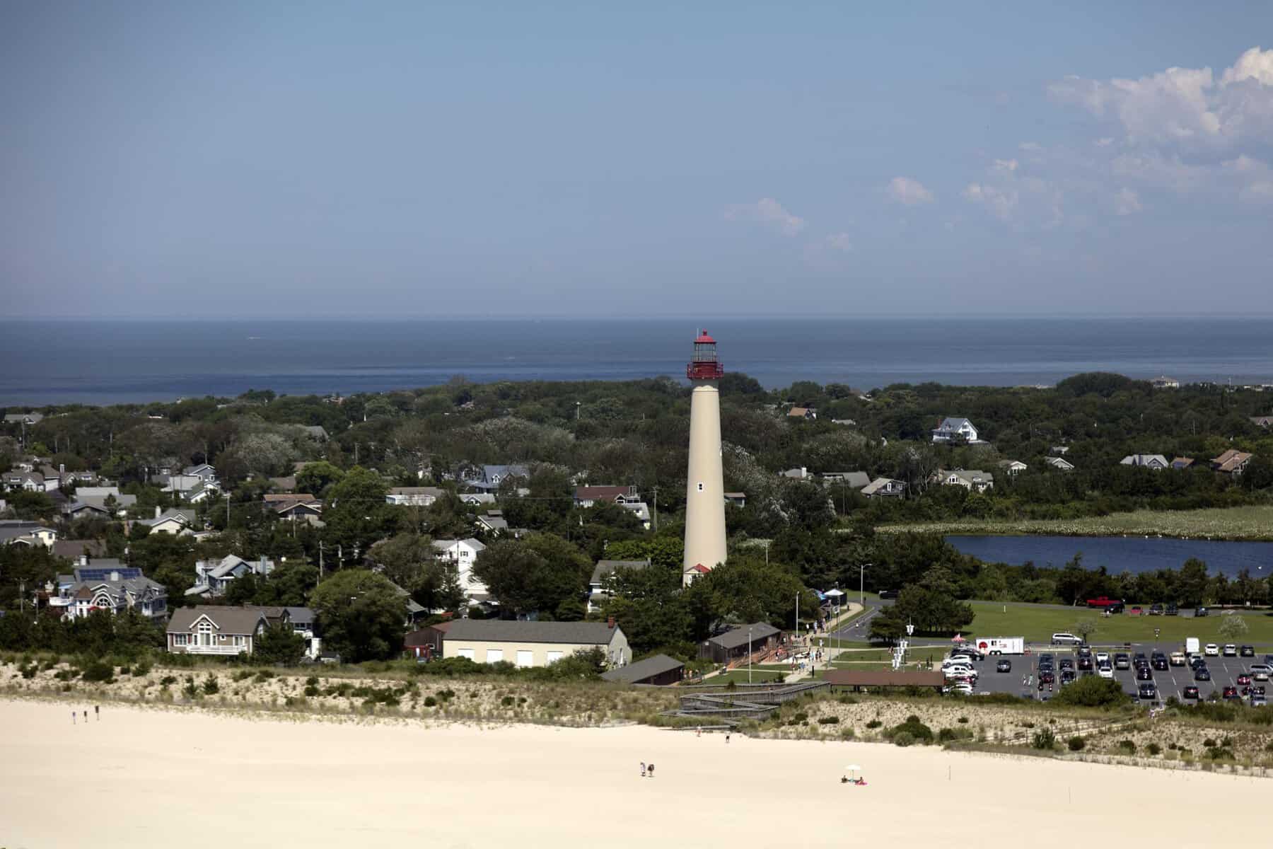 Cape May Point Lighthouse over the town and beach in Cape May, New Jersey