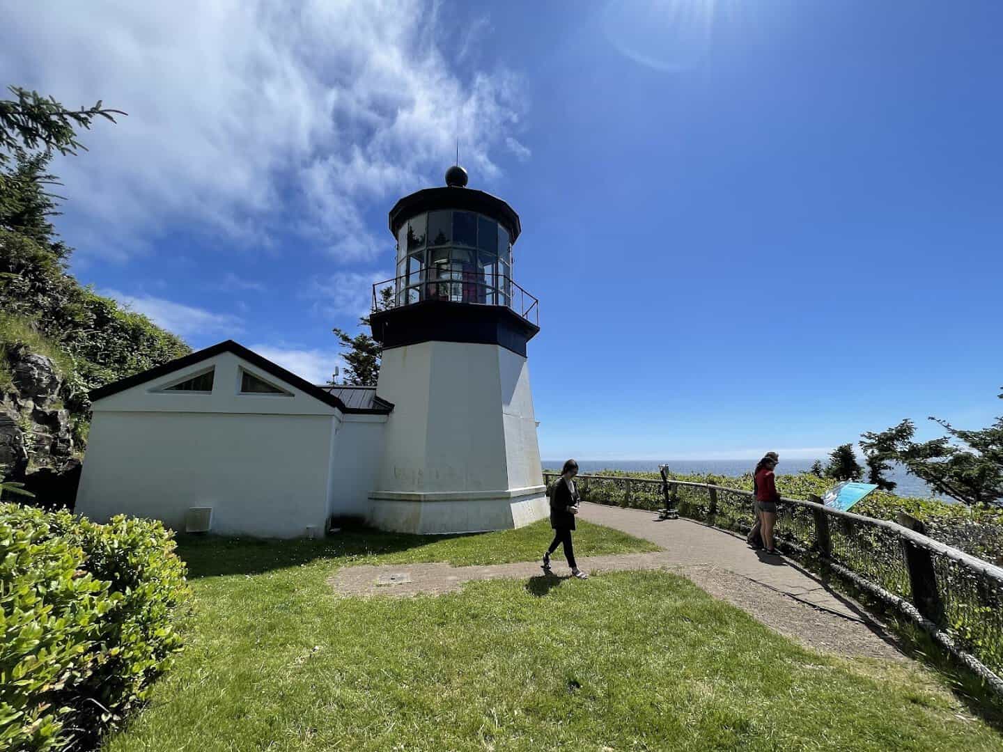 The squat Cape Meares Lighthouse on the cliff near Tillamook, Oregon