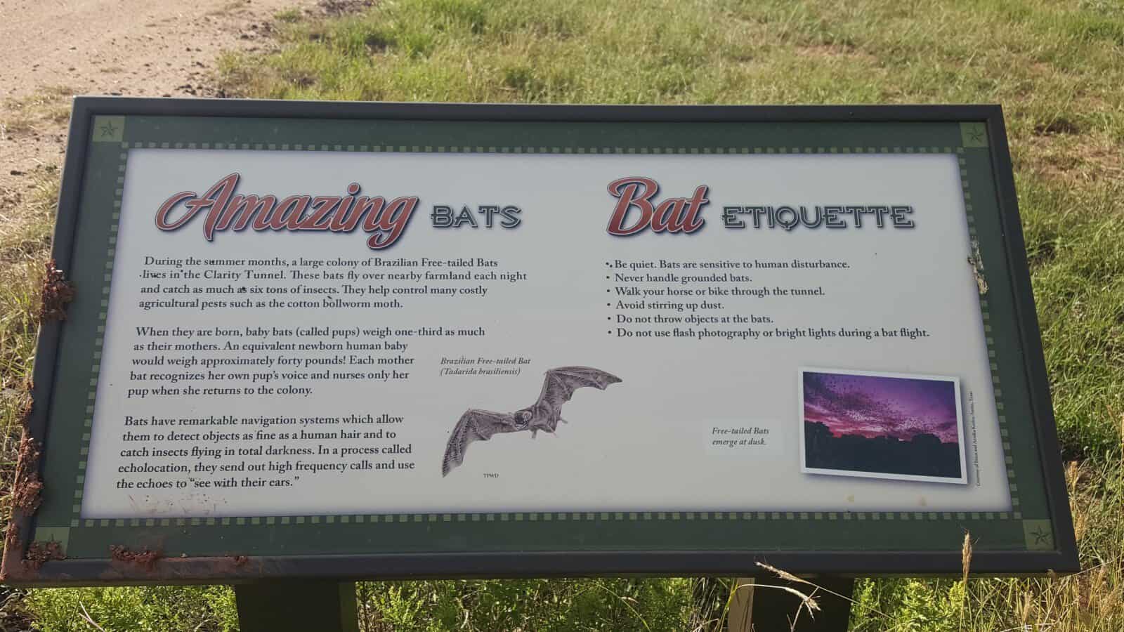 Amazing Bats and Bat Etiquette interpretive sign at Clarity Tunnel, Caprock Canyons State Park, Texas