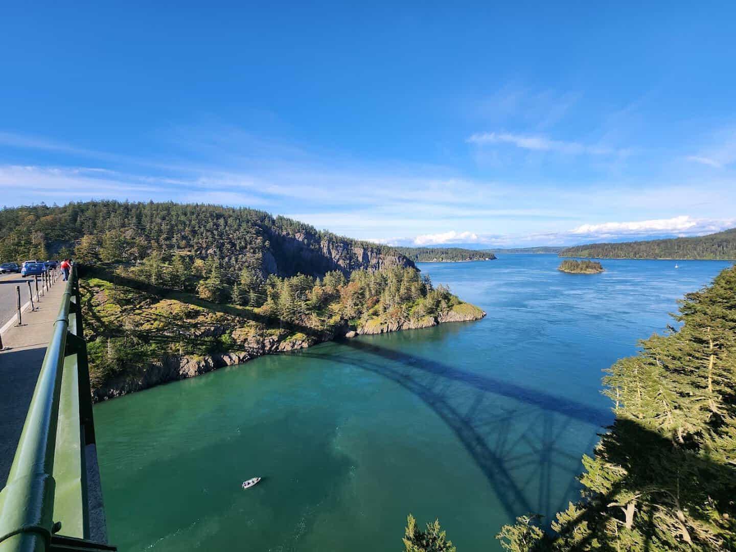 Deception Pass Bridge above the turquoise channel on the Cascade Loop near Oak Harbor, Washington