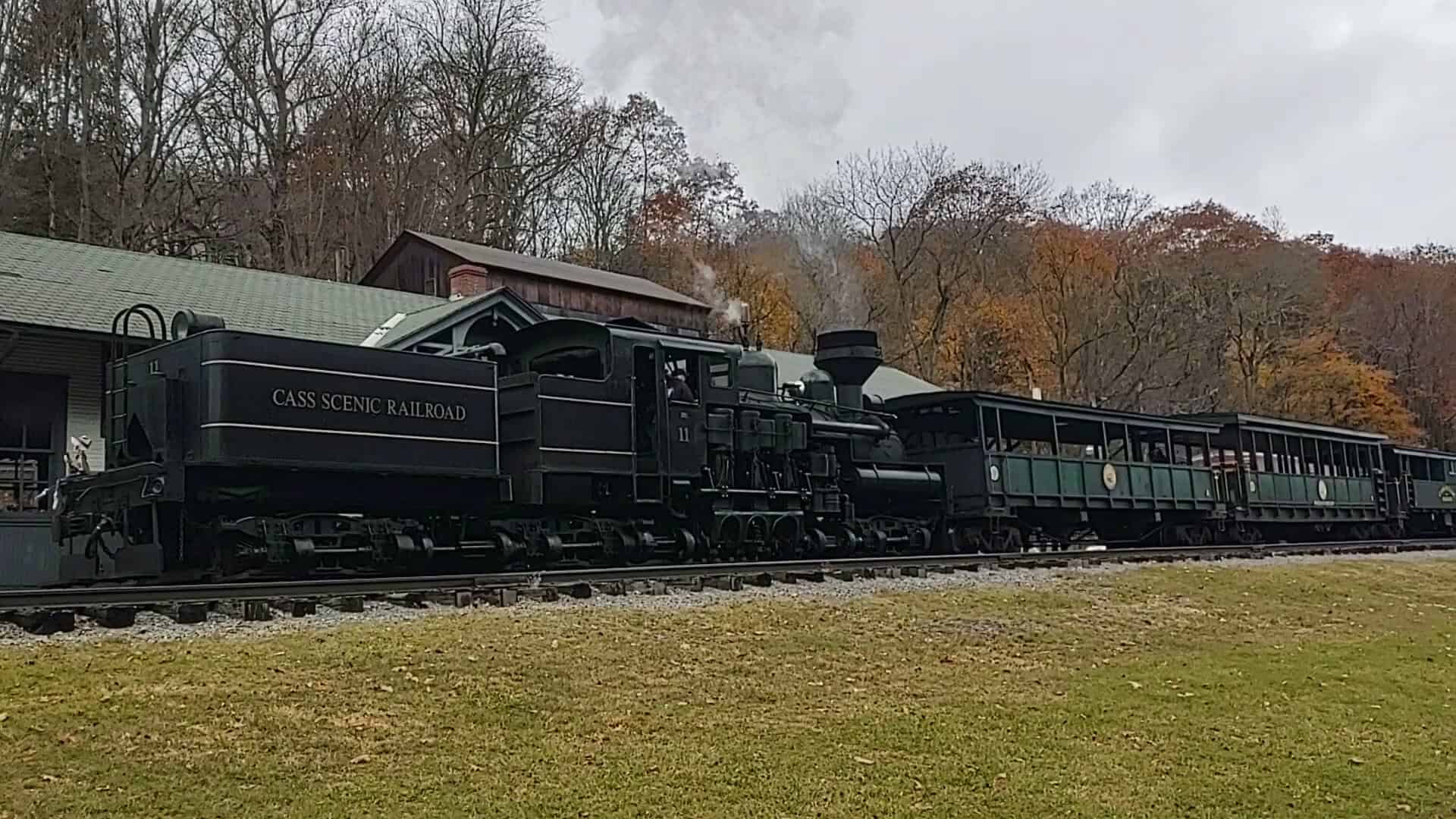 Cass Scenic Railroad train with an autumn hillside, West Virginia