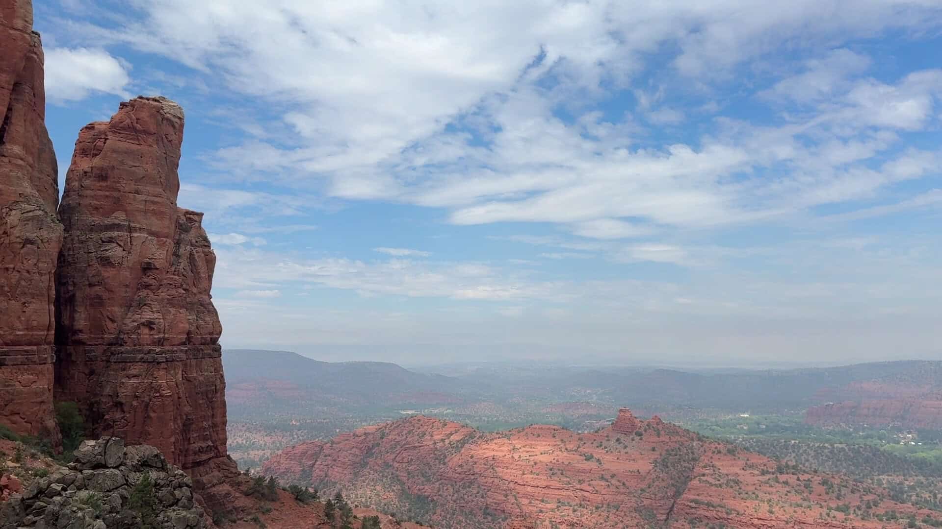 Red rock spires of Cathedral Rock above the valley in Sedona, Arizona
