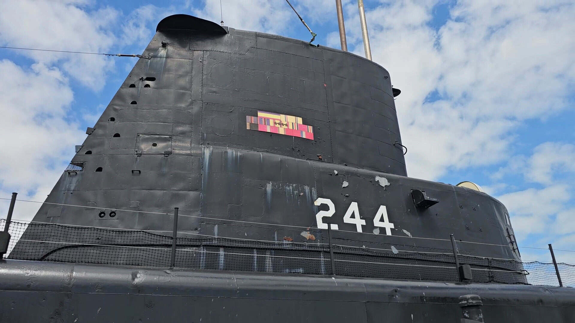 The conning tower of submarine USS Cavalla marked 244 at the Galveston Naval Museum