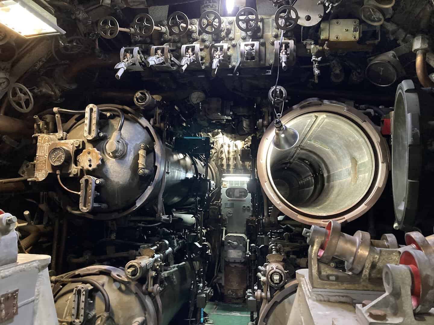 Machinery and torpedo tubes inside the USS Cavalla submarine, Galveston Naval Museum