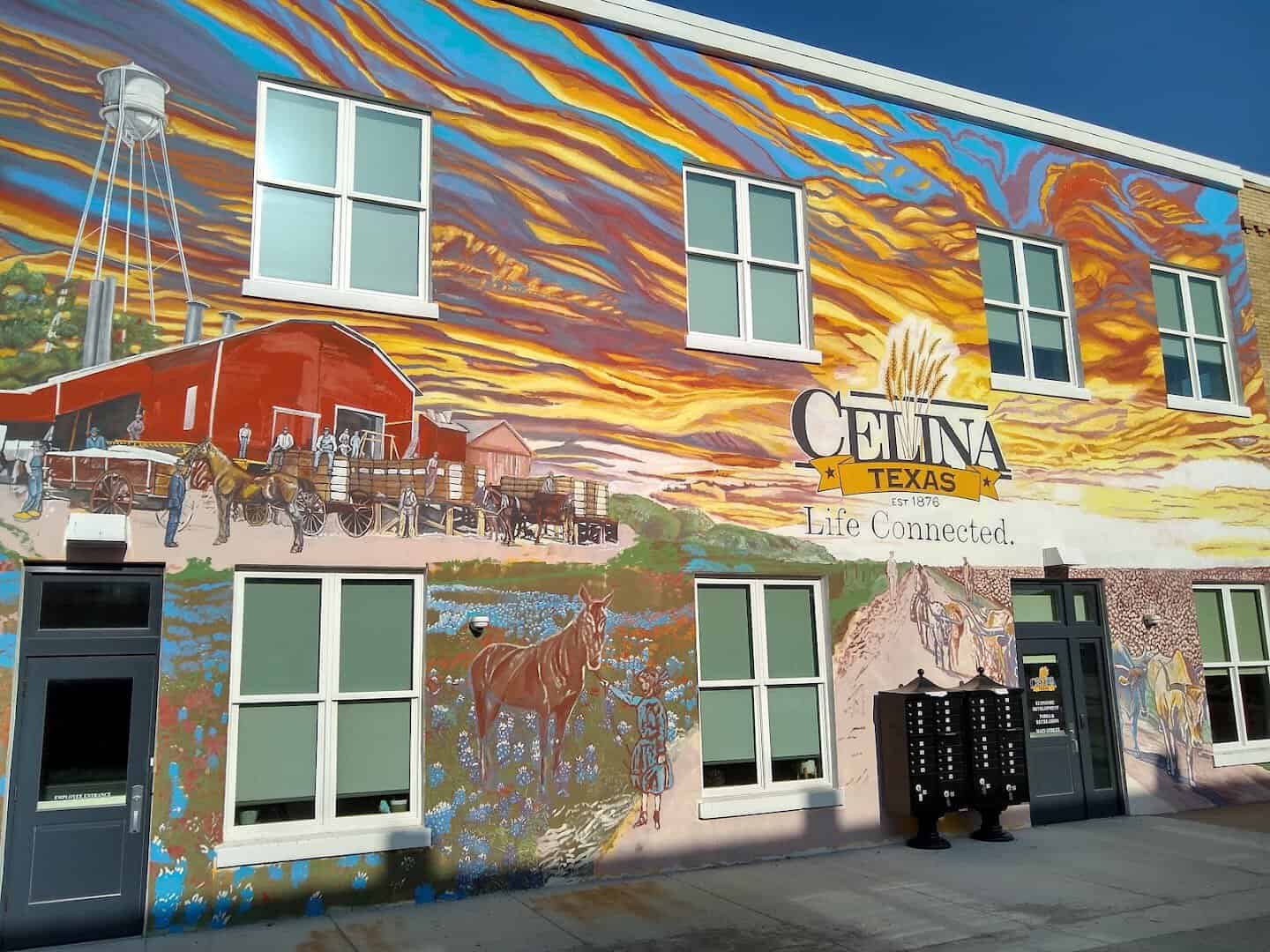 The colorful Celina Texas Life Connected mural painted across a downtown brick building
