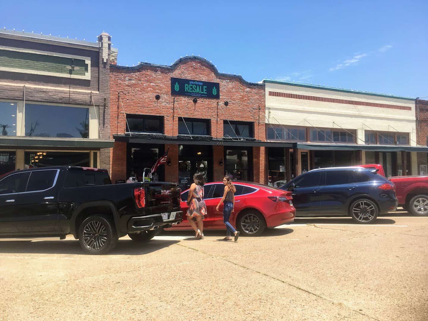 Restored brick storefronts on the historic downtown square in Celina, Texas
