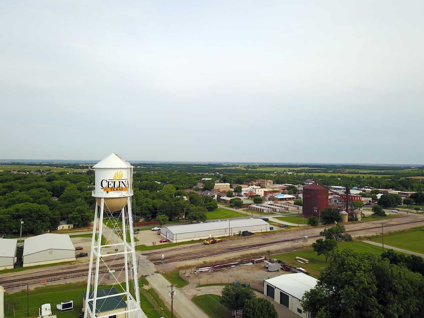 Aerial view of the Celina water tower with new neighborhoods spreading across the prairie