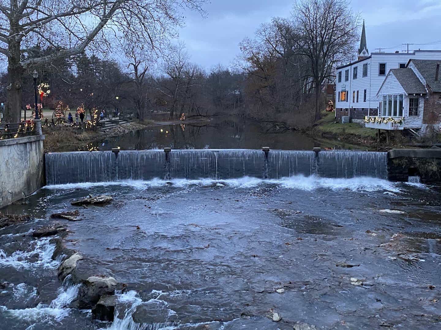 Chagrin Falls waterfall lit with holiday lights at dusk, Chagrin Falls, Ohio