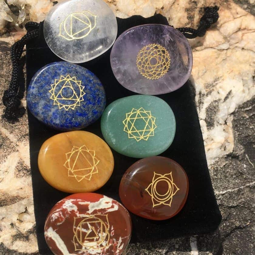 Engraved chakra stone set from Nature's Treasures in Austin