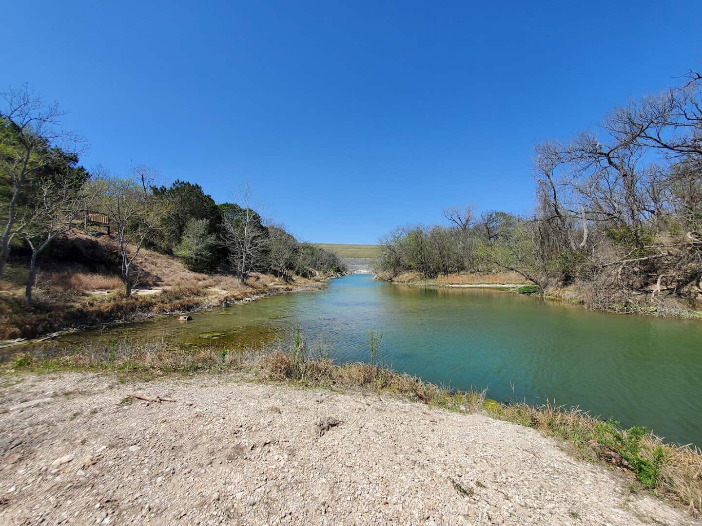 Turquoise water of the Lampasas River below Stillhouse Hollow Dam at Chalk Ridge Falls Park near Belton, Texas