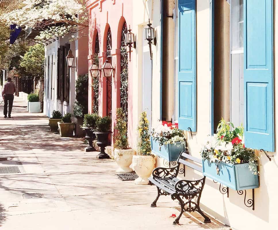 Pastel historic homes along Rainbow Row, Charleston, South Carolina