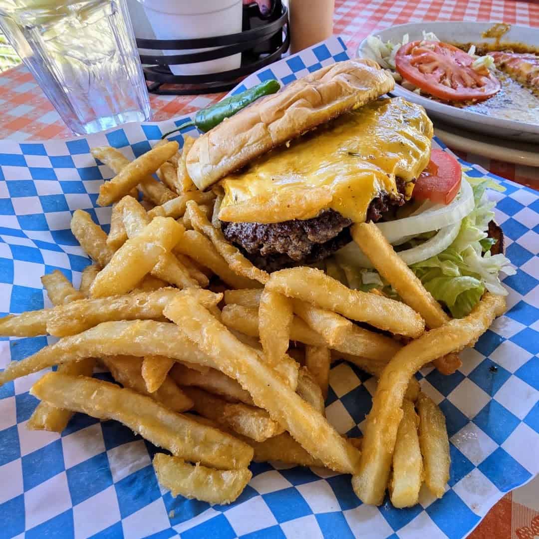 Thick cheeseburger with fries on checkered paper at Richter's Antler Cafe in Spring Branch