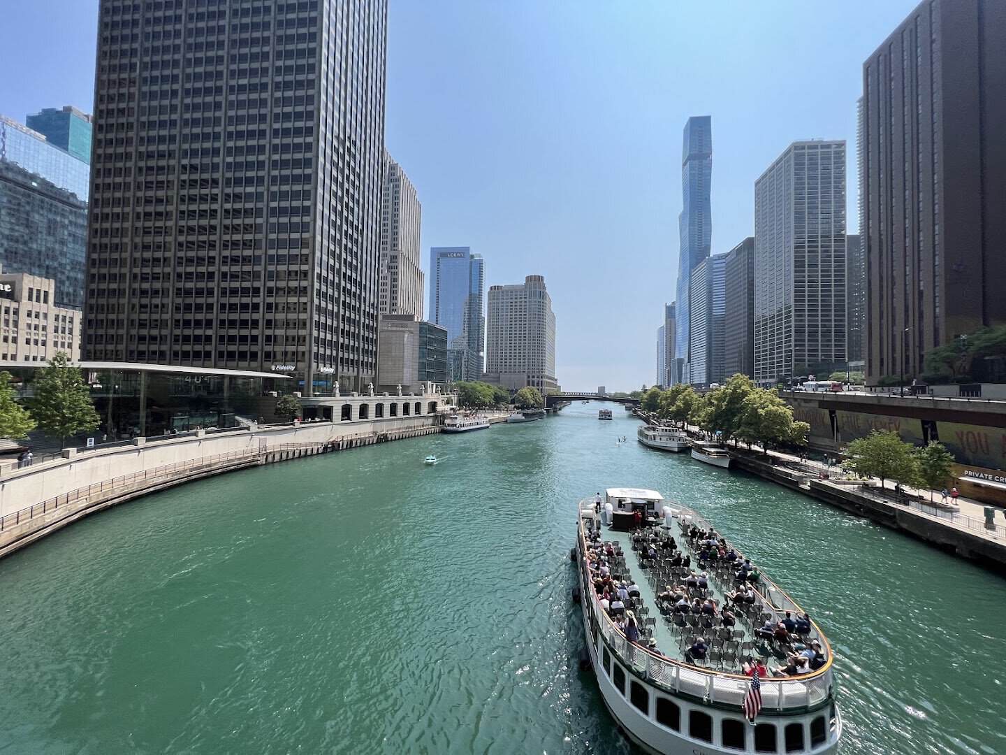 The Chicago Riverwalk winding through downtown Chicago, Illinois