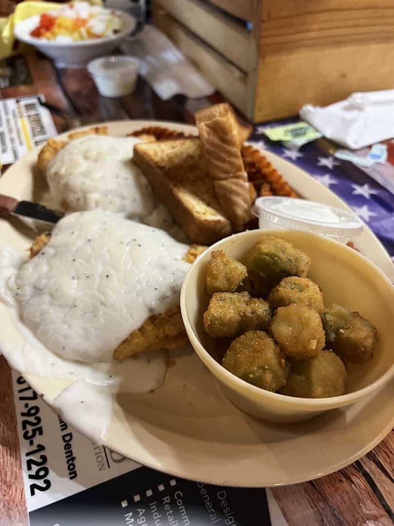Chicken fried steak with cream gravy, fried okra and Texas toast at Bebo's and Kathy's Cafe