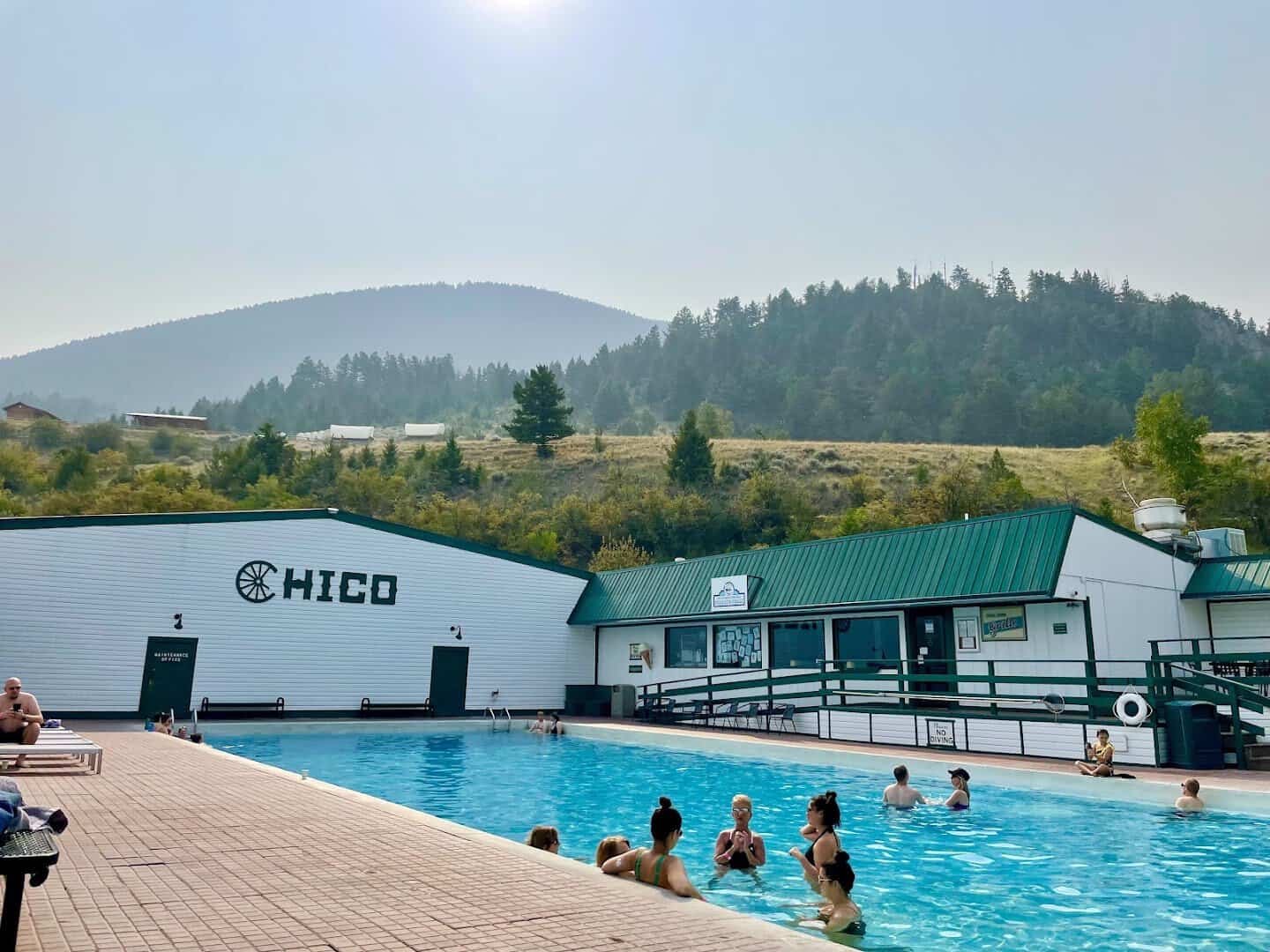 Outdoor mineral swimming pool beside the Chico building at Chico Hot Springs Resort, Pray, Montana