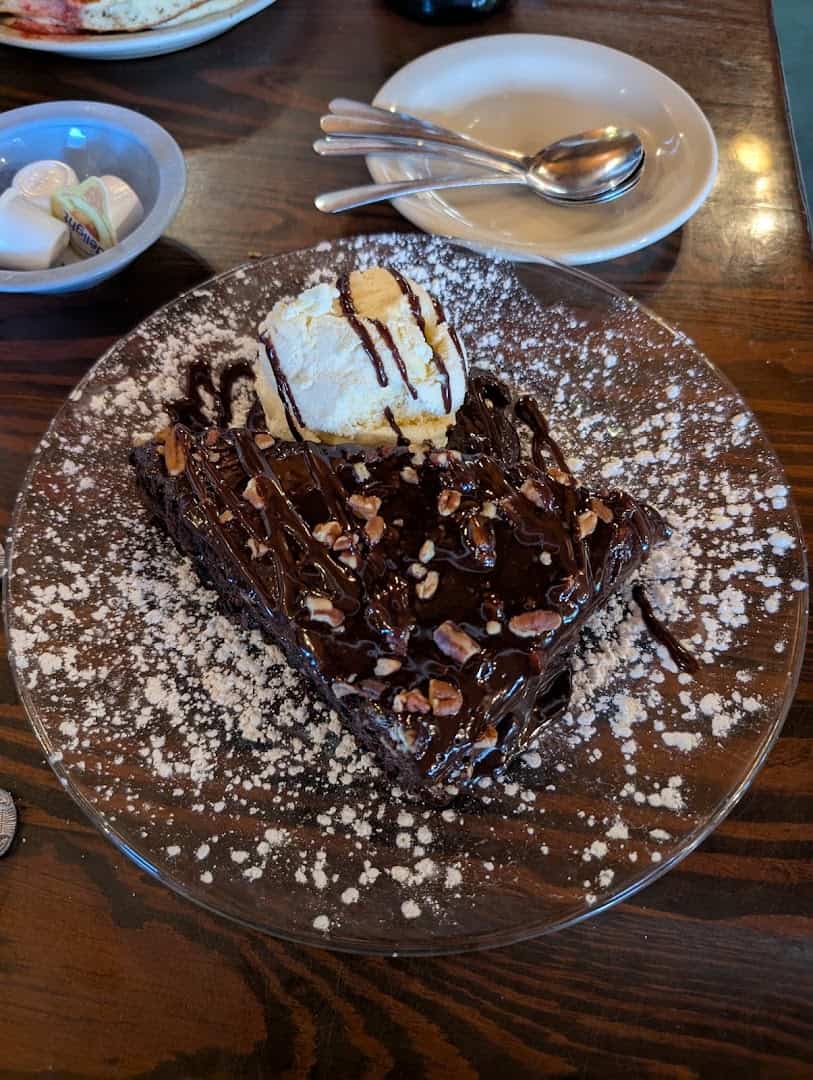 Chocolate ganache pecan brownie with ice cream at Miller's Seawall Grill in Galveston, Texas