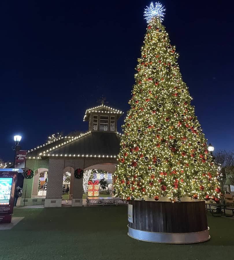 The giant lit Christmas tree beside the gazebo during Christmas on the Square in Celina