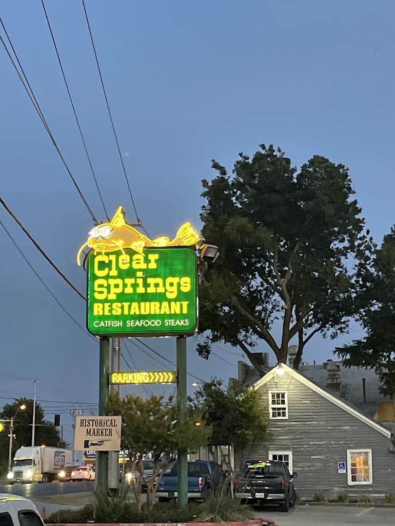 The Clear Springs Restaurant sign along Highway 46 in New Braunfels, Texas