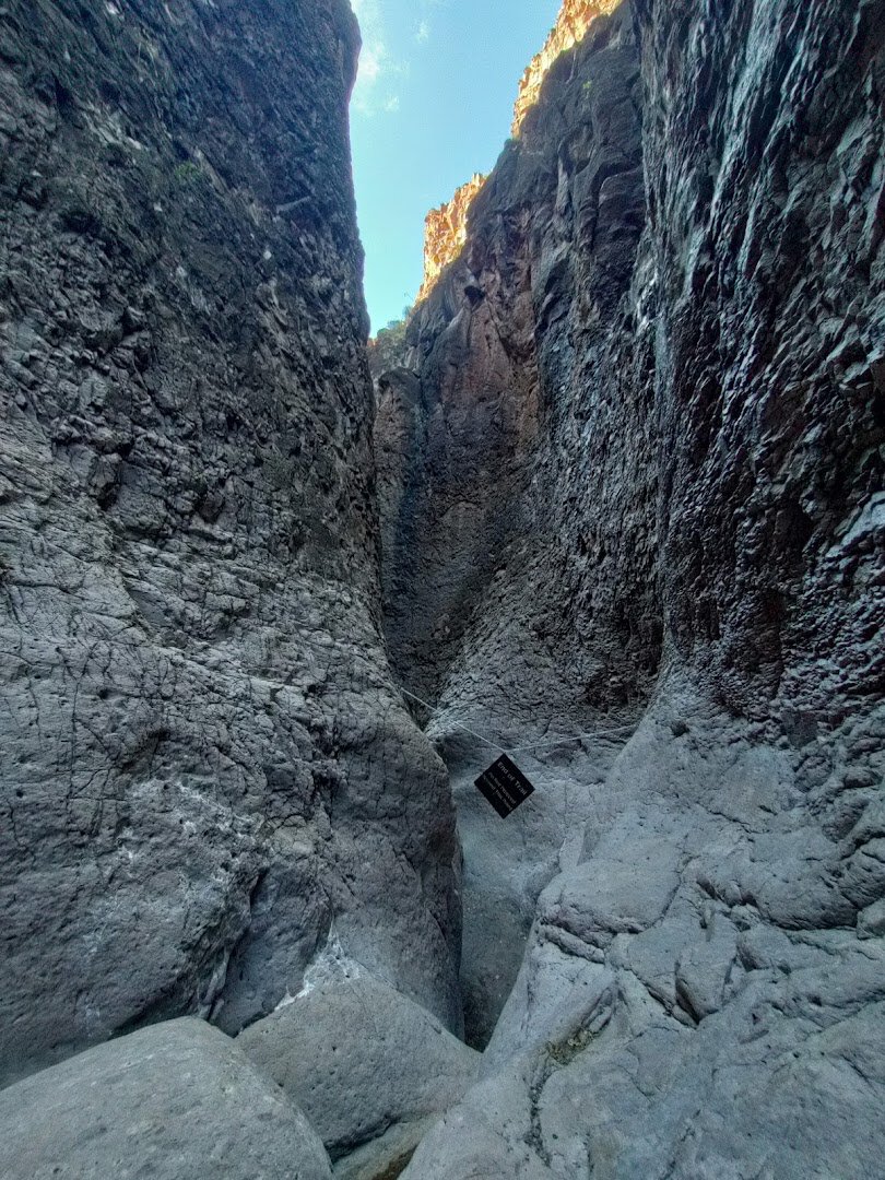 The pour-off and End of Trail sign deep inside Closed Canyon, Big Bend Ranch State Park, Texas