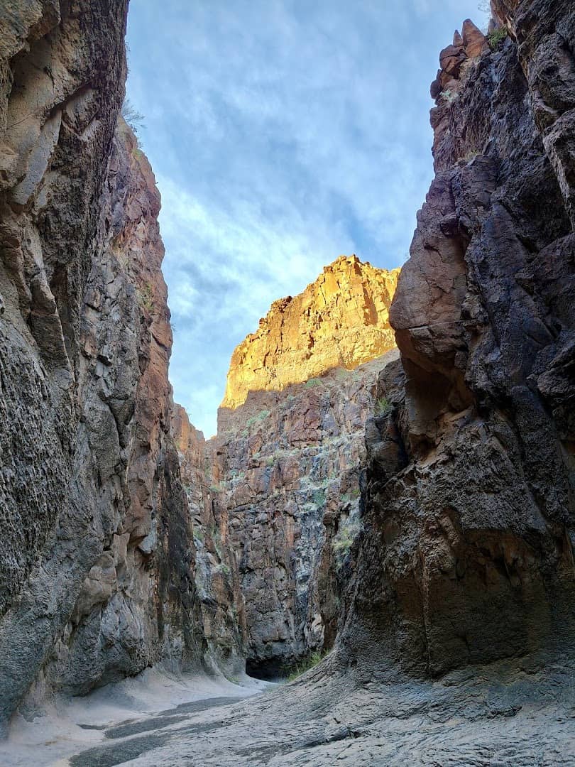 Golden sunlit walls at the top of Closed Canyon slot canyon in Big Bend Ranch State Park, Texas