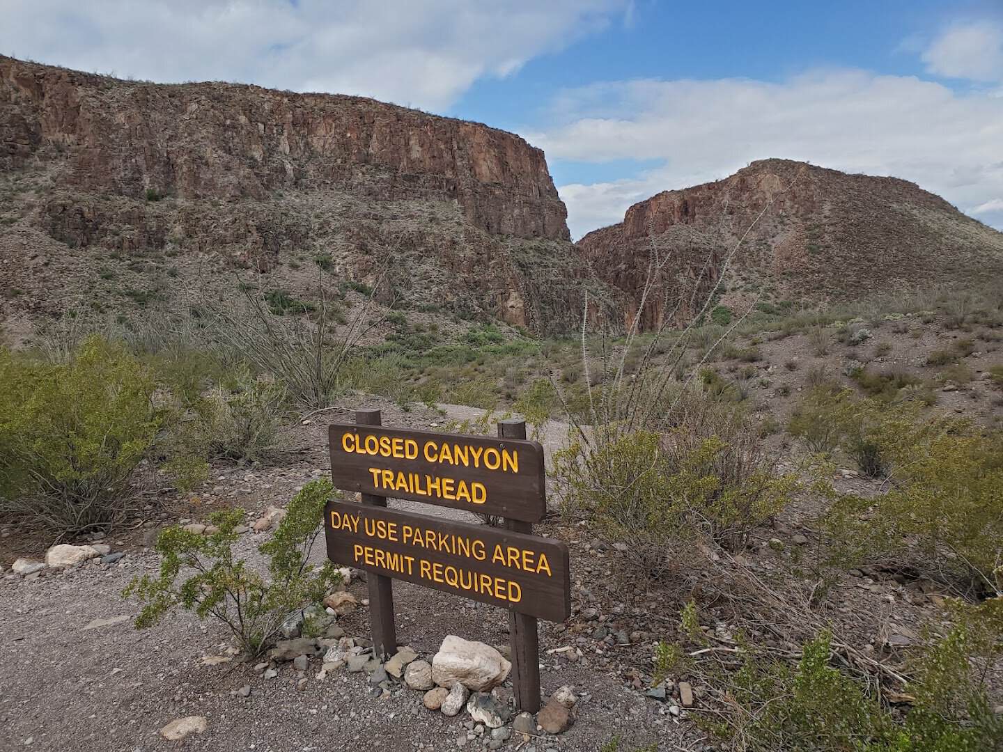 Closed Canyon Trailhead sign off FM 170 in Big Bend Ranch State Park, Texas