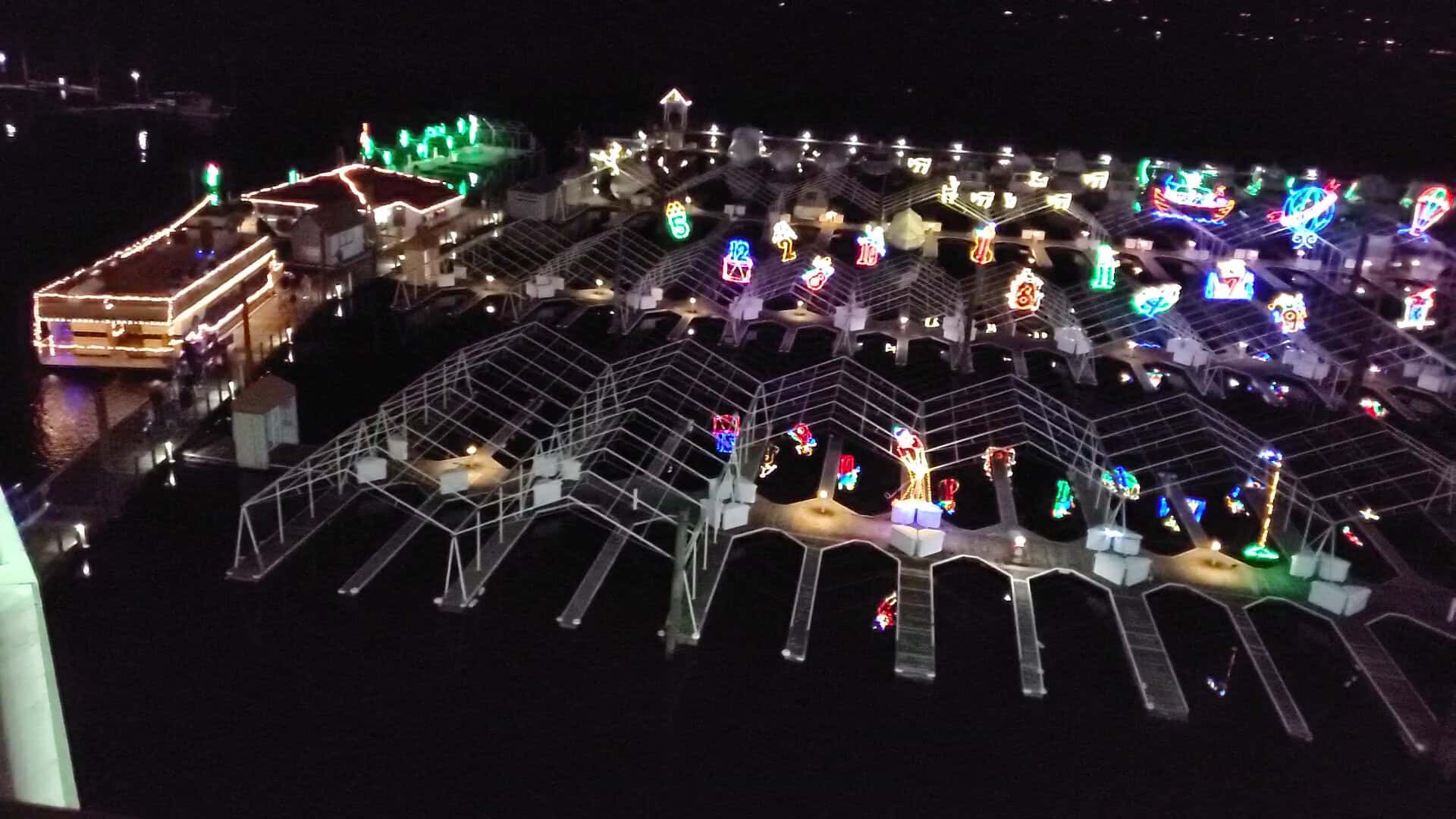 Coeur d'Alene Resort holiday light show glowing over the lake, Coeur d'Alene, Idaho