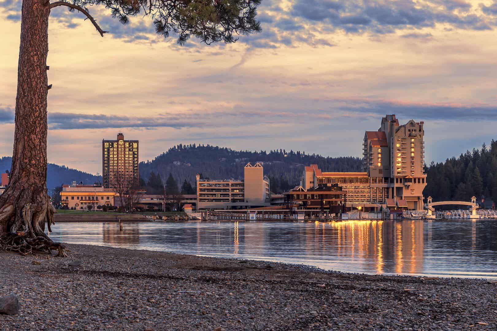 The Coeur d'Alene Resort on the lakefront at dusk, Coeur d'Alene, Idaho