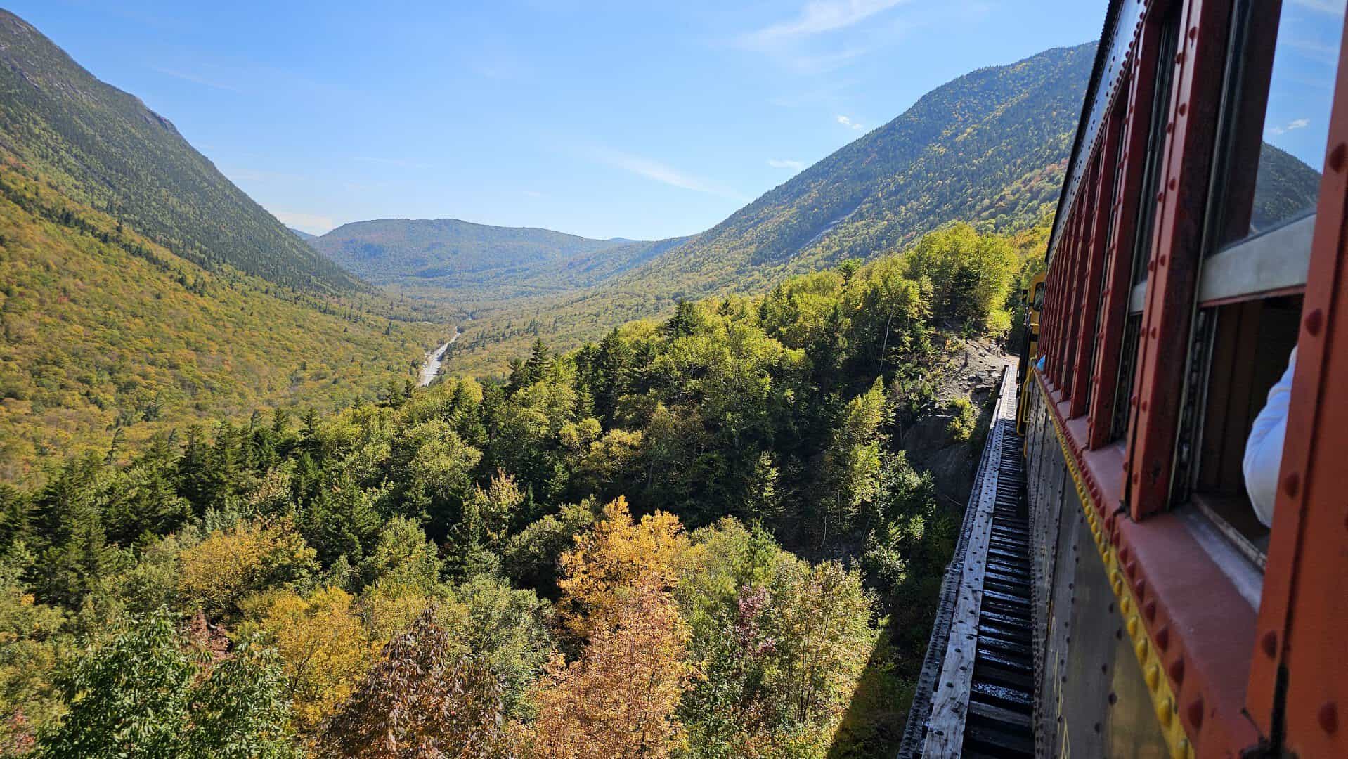 View of White Mountains fall foliage from the Conway Scenic Railroad, New Hampshire