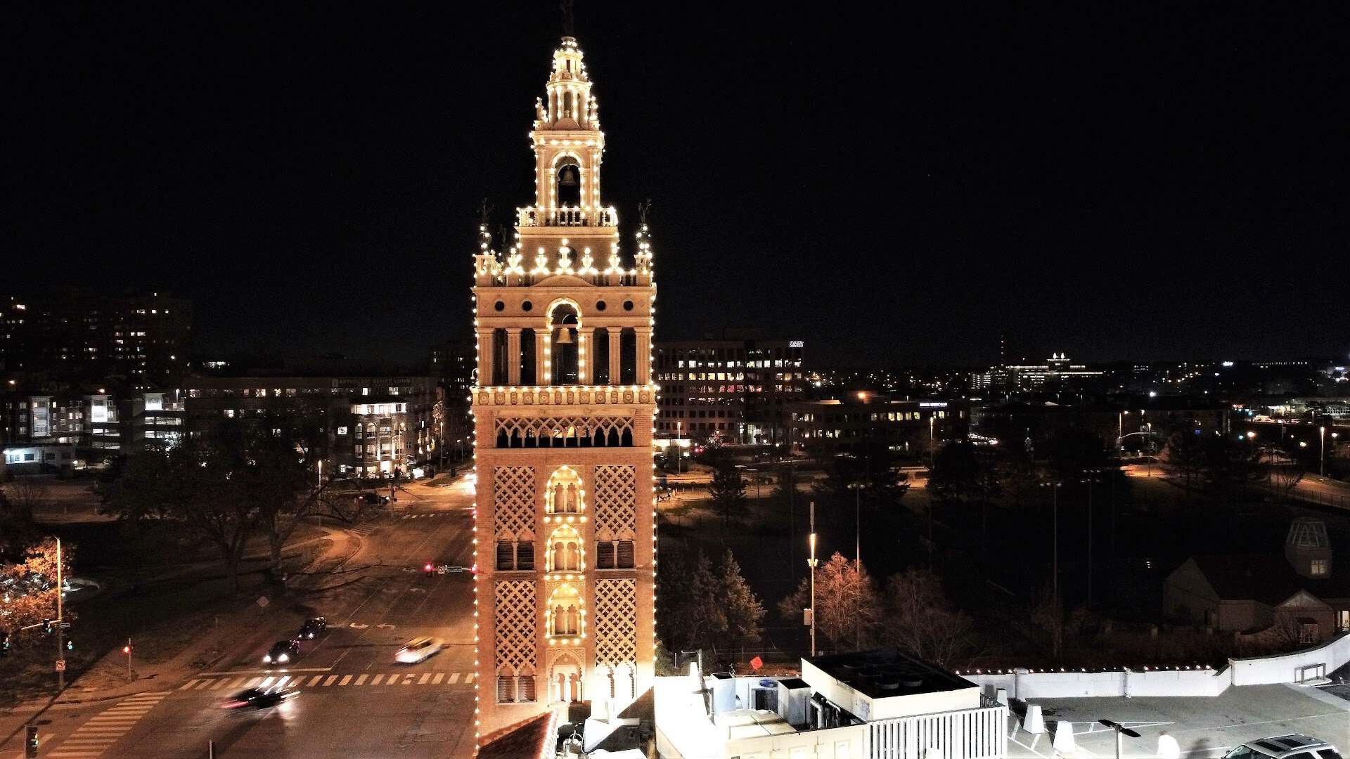 The Country Club Plaza tower outlined in holiday lights at night, Kansas City, Missouri