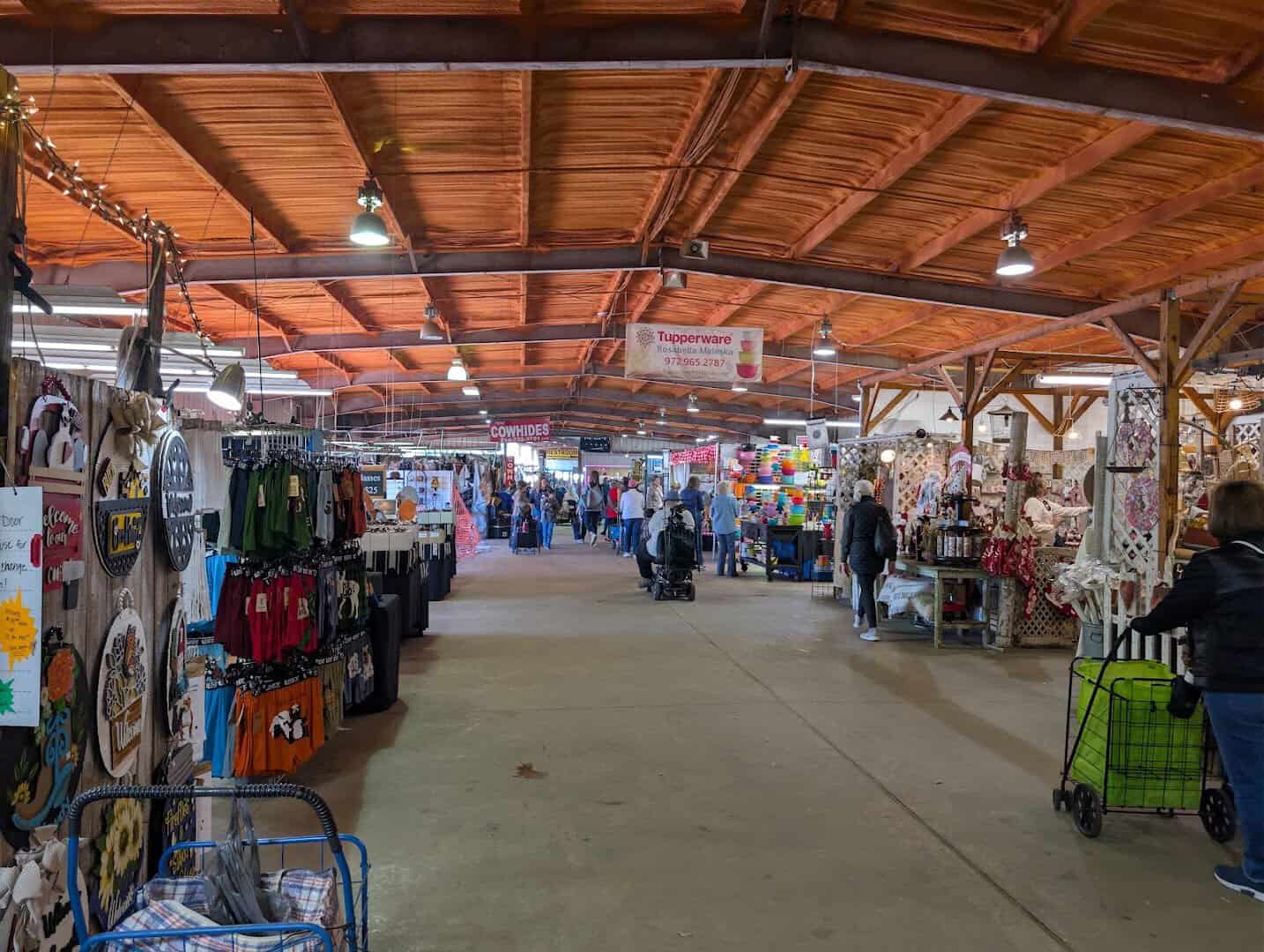 Covered pavilion shopping aisle at First Monday Trade Days in Canton