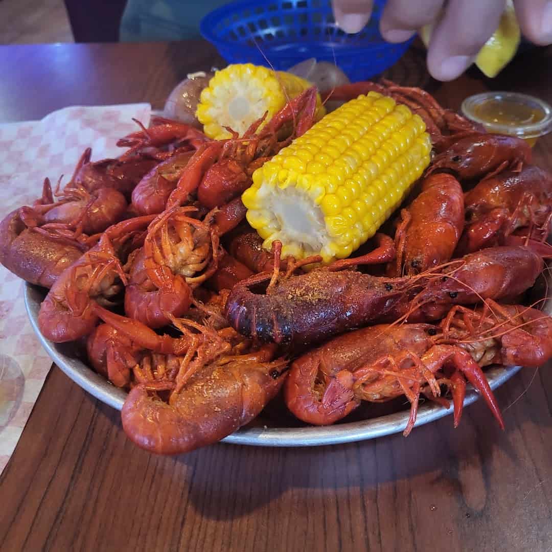 Boiled crawfish with corn at Baytown Seafood in Baytown, Texas
