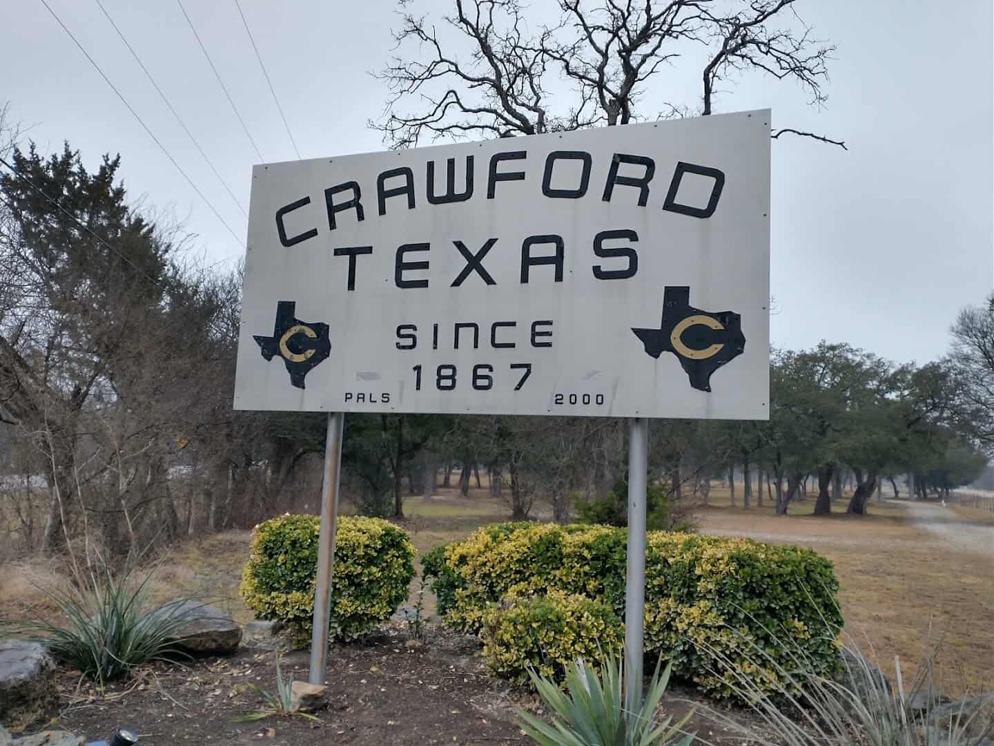 Crawford Texas Since 1867 welcome sign near Tonkawa Falls City Park