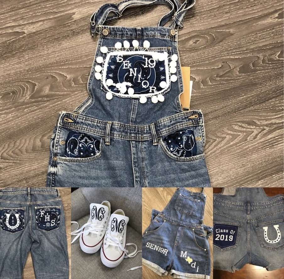 Custom embroidered denim overalls and monogrammed sneakers made at The Sparkly Elephant Sewing Lounge