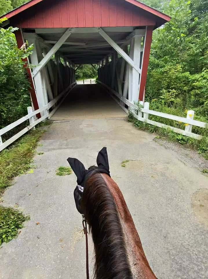 The red Everett Covered Bridge on a trail in Cuyahoga Valley National Park, Ohio