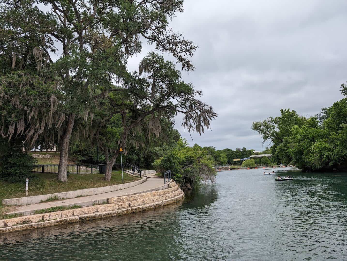 Cypress trees draped with Spanish moss along the Comal River at Hinman Island Park