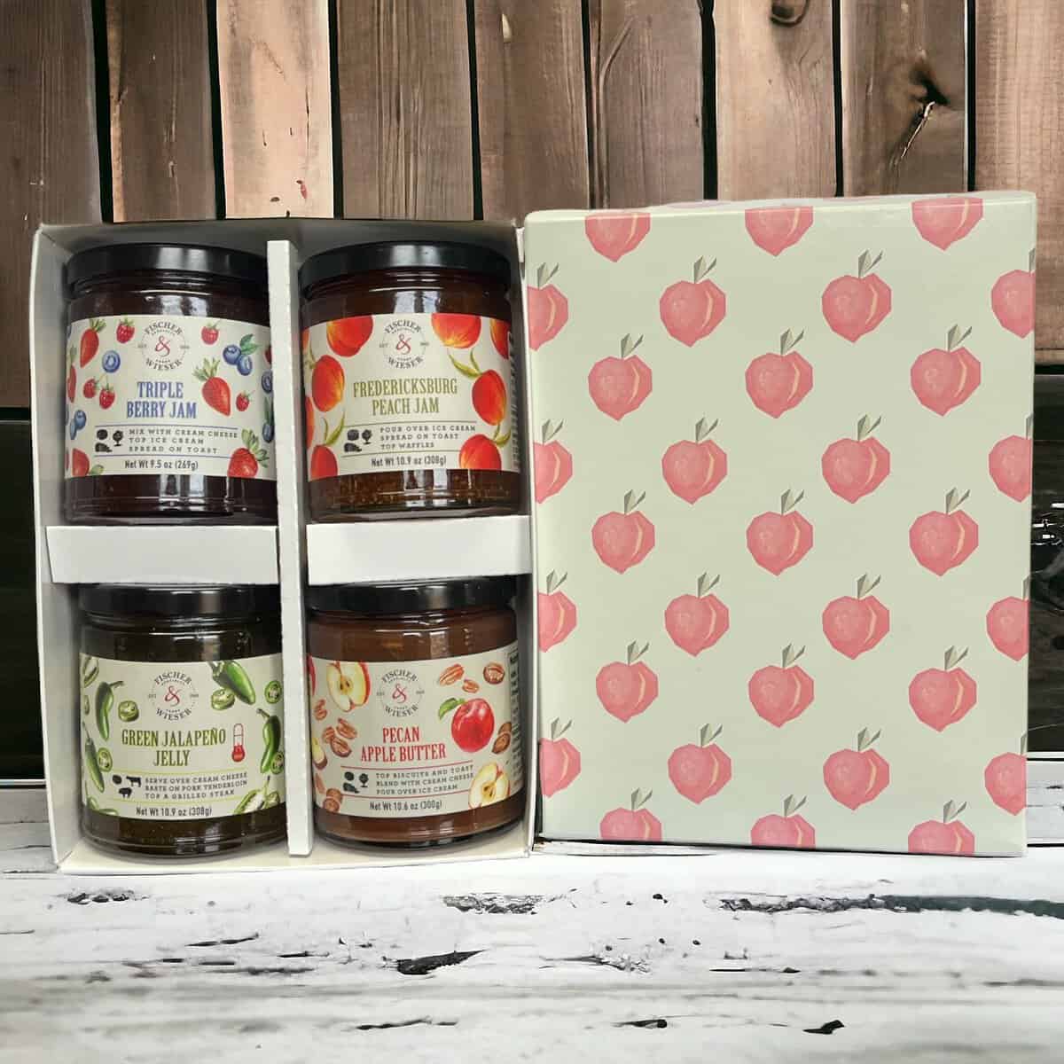 Gift boxes of Das Peach Haus jams and preserves in Fredericksburg