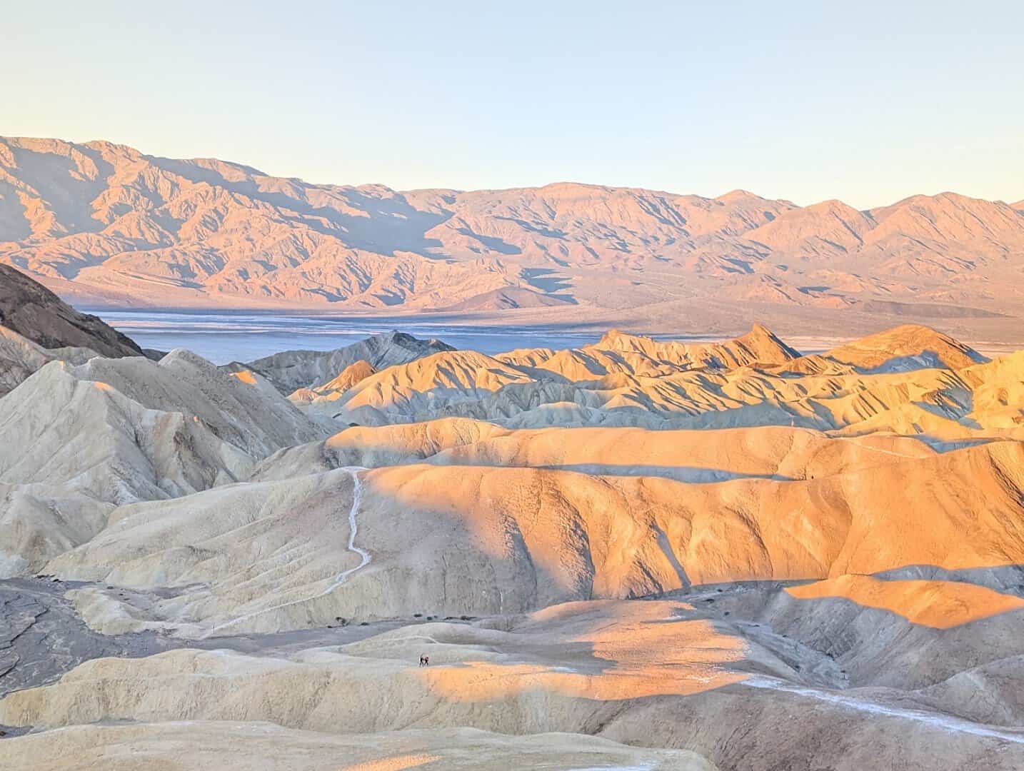 Golden-hour view over the badlands at Death Valley National Park, California