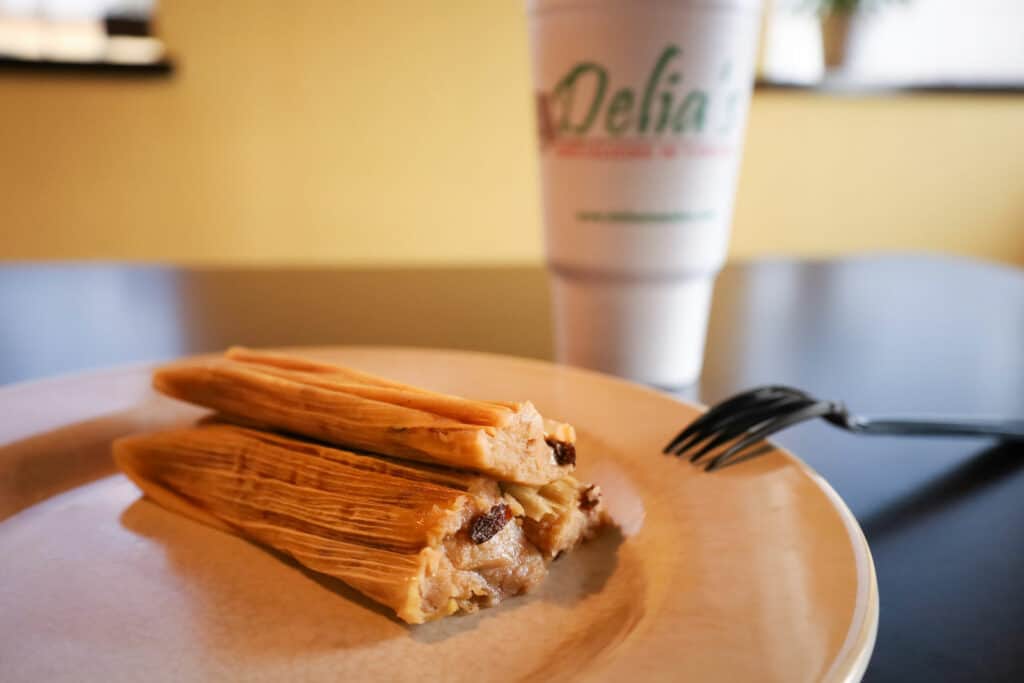 Sweet tamales on a plate at Delia's Tamales in McAllen, Texas