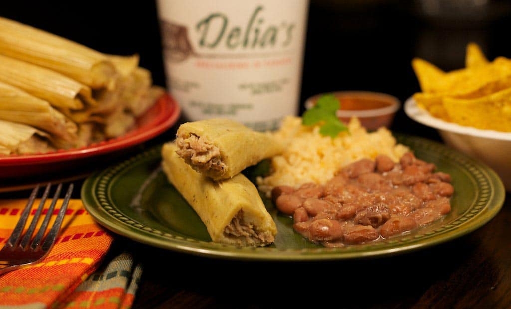 Tamale plate with rice, beans and chips at Delia's Tamales in McAllen, Texas