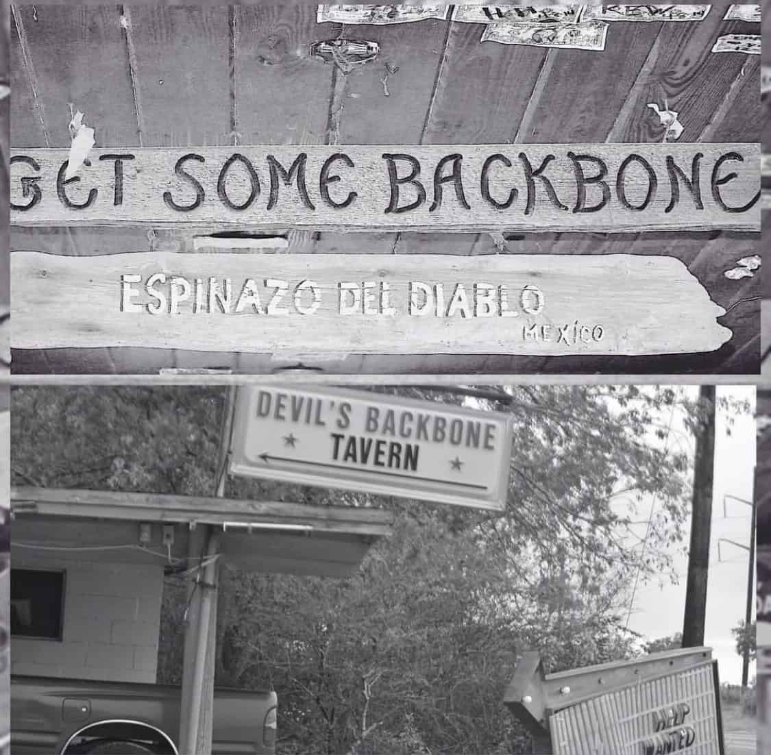 Hand-carved Espinazo del Diablo and Devil's Backbone Tavern signs in Fischer, Texas