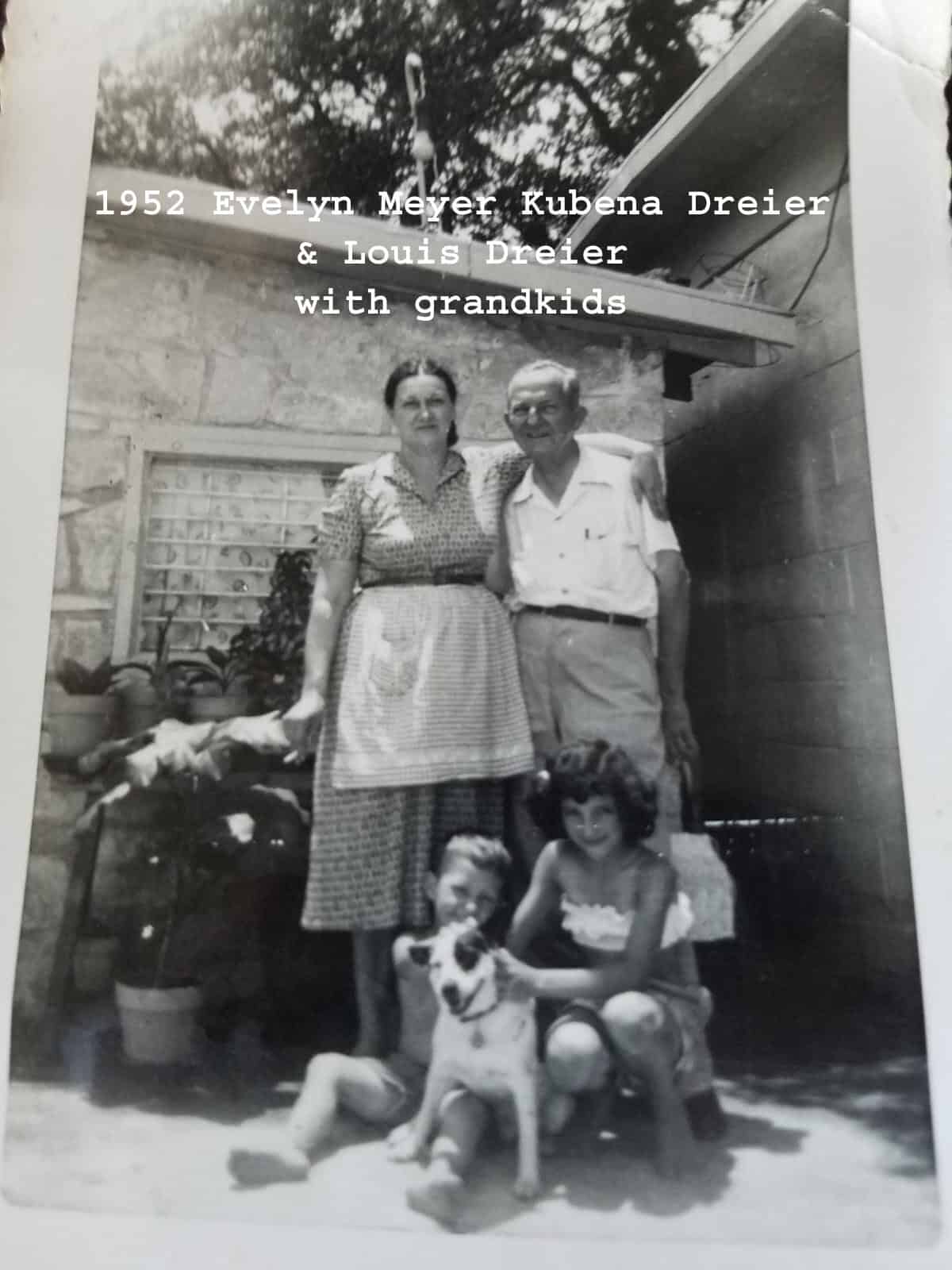 Longtime owner Evelyn Kubena and family in 1952 at Devil's Backbone Tavern in Fischer, Texas