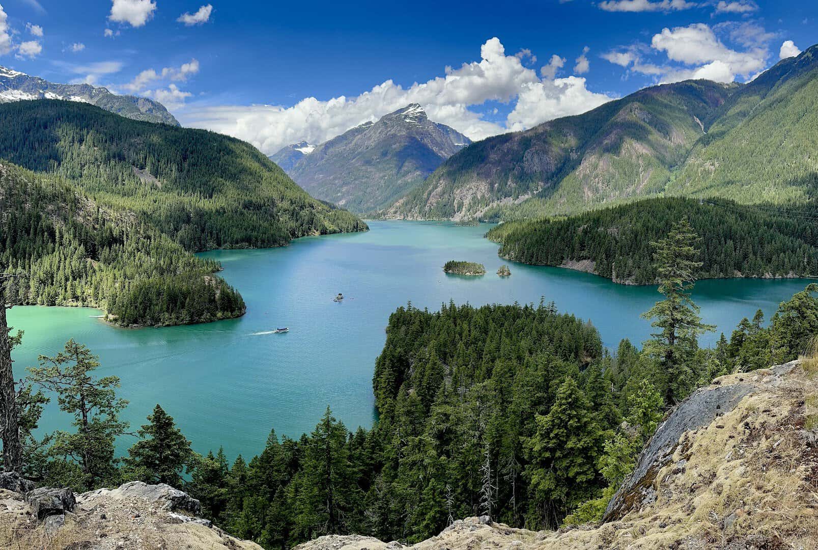 The turquoise water of Diablo Lake seen from the North Cascades Highway, Washington