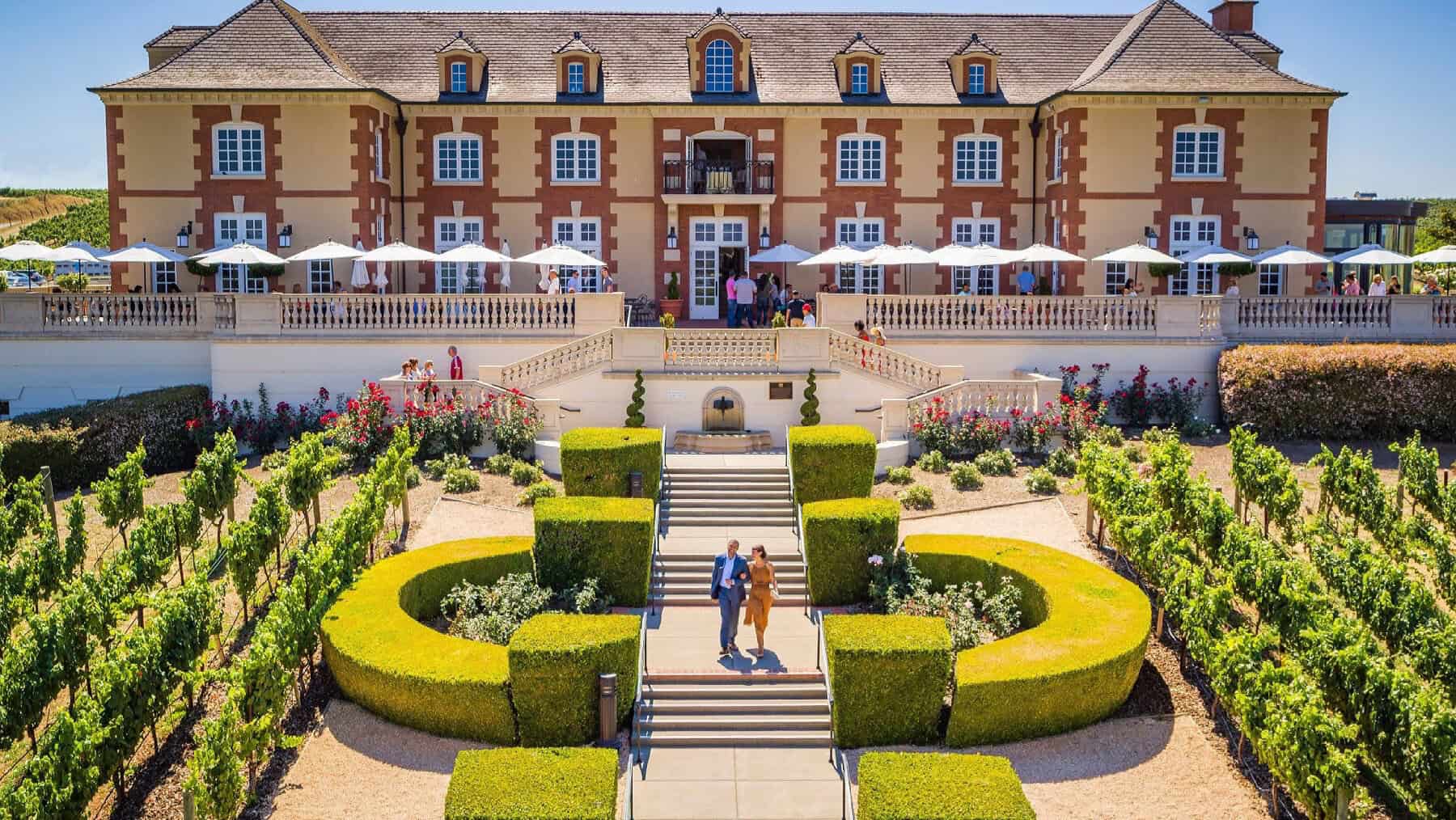 The Domaine Carneros chateau above the vineyards in Napa, California