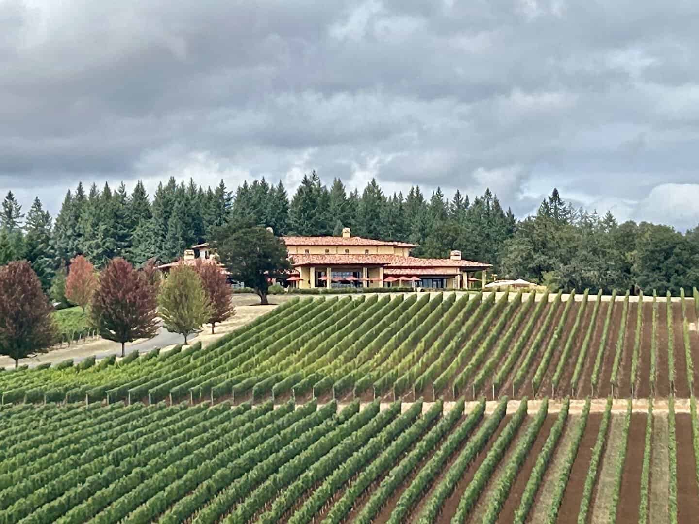 Domaine Serene's Winery Hill Estate above the vineyards in the Dundee Hills, Oregon