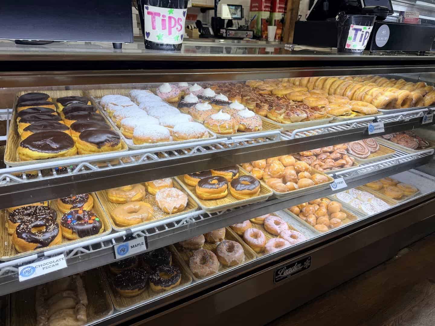 Donuts and kolaches in the pastry case at Naegelin's Bakery in New Braunfels