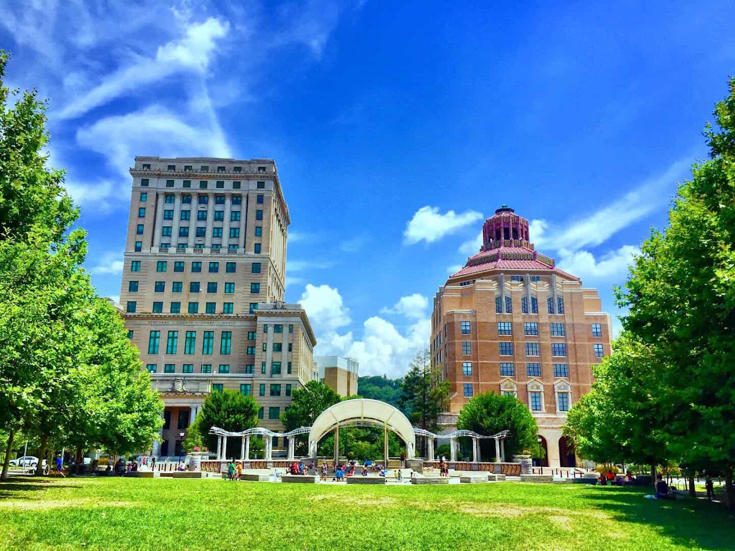 Downtown Asheville skyline with the art deco City Hall and County Courthouse in Asheville, North Carolina